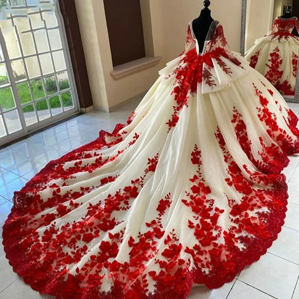 

Бальное платье принцессы с длинными рукавами и оборками, платья для Quinceanera, Красные кружевные Корсеты с 3D аппликациями, платья, Цветочное платье для девочек