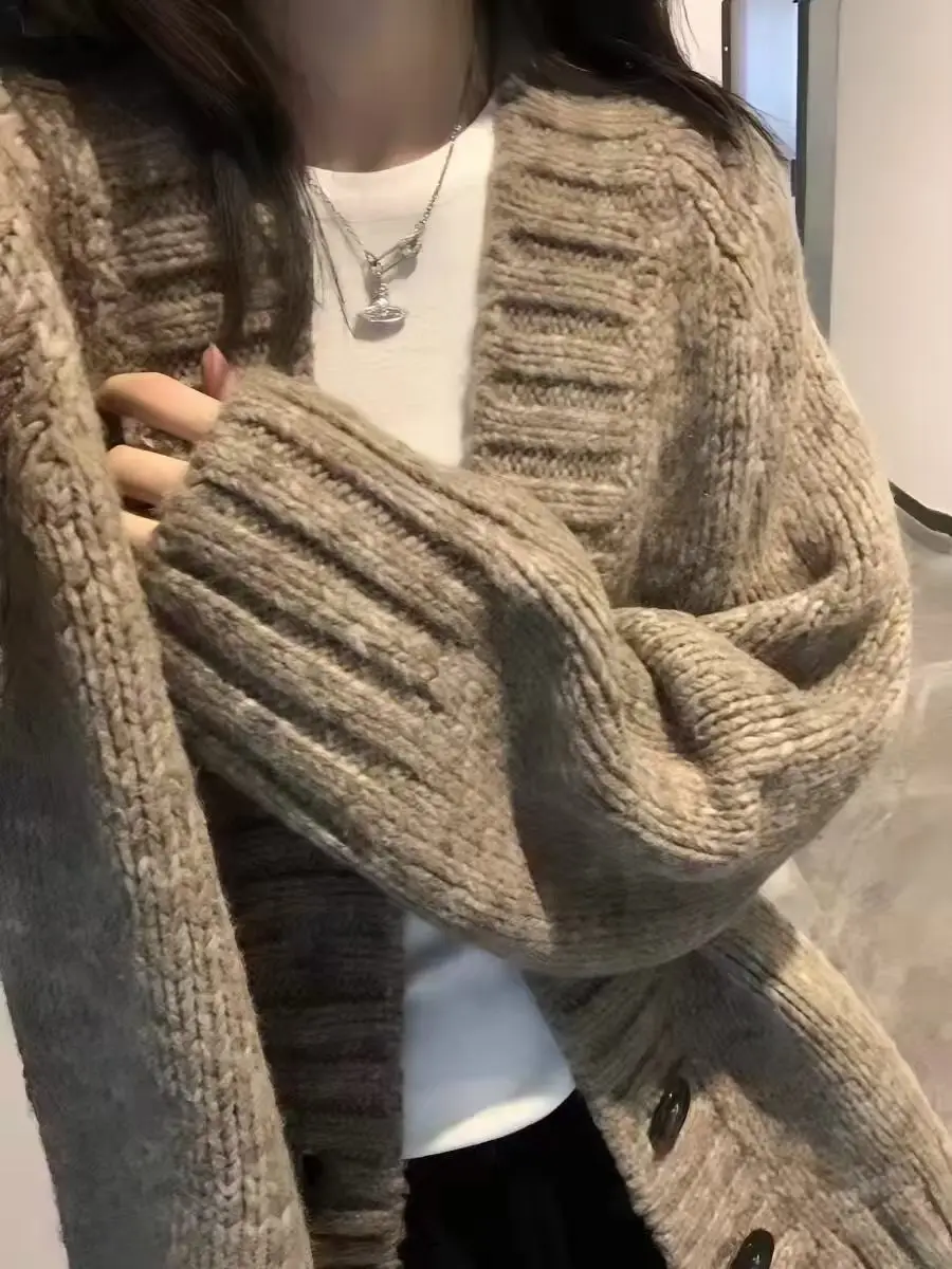 Autumn and winter 100%wool sweater medium and long thickened V-neck knitted cardigan women's loose long-sleeved sweater jacket