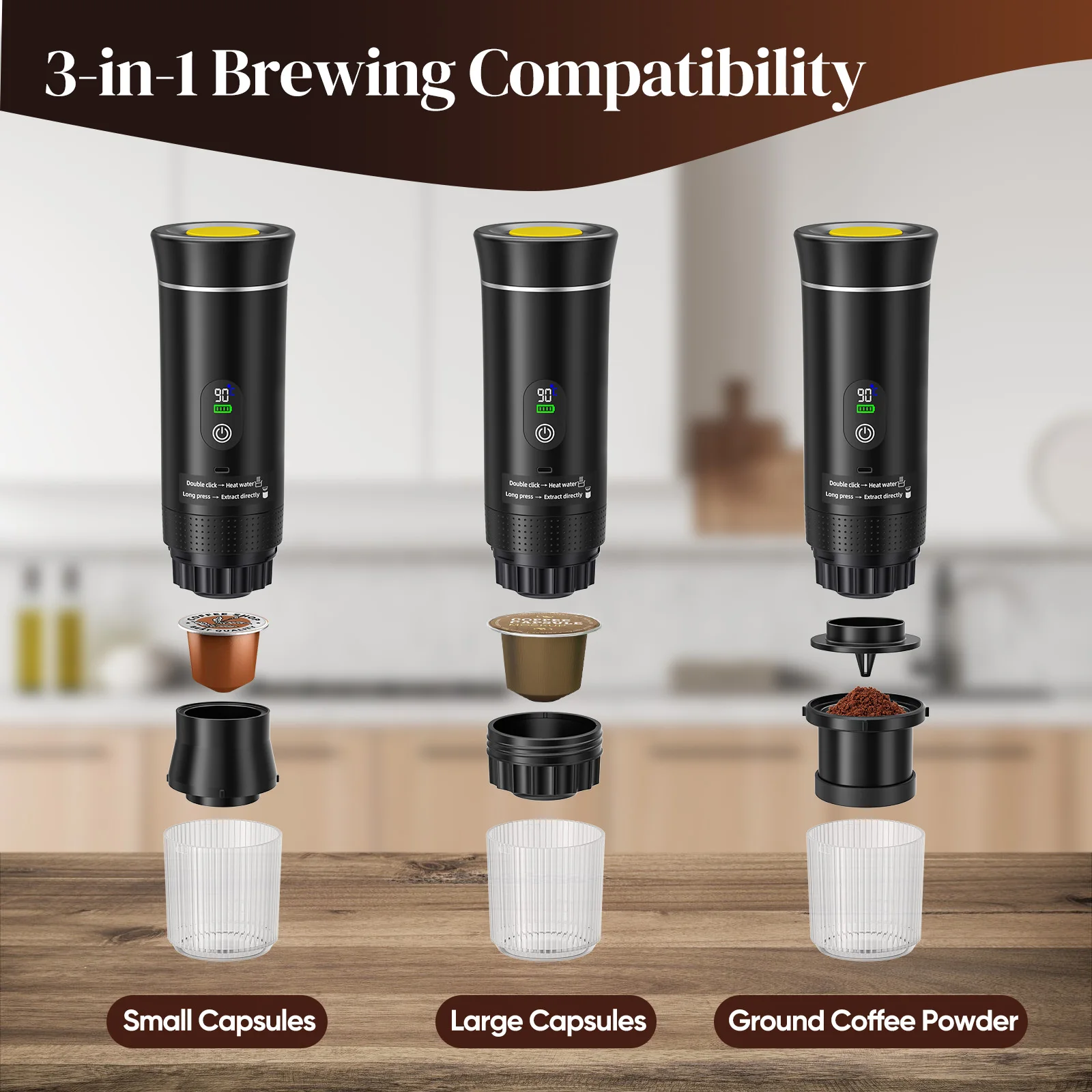 Cafetera Eléctrica Portátil Inalámbrica para Auto y Hogar, Cafetera 3 en 1 para Cápsulas y Café Molido, Cafetera de Viaje