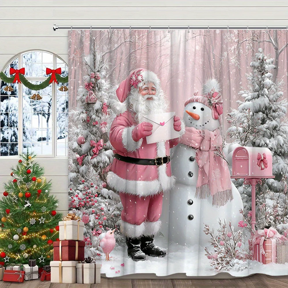 1pc Christmas Shower Curtain Pink Santa Claus with Snowman in Winter Wonderland Floral Forest Scene Bathroom Decor Polyester Fab