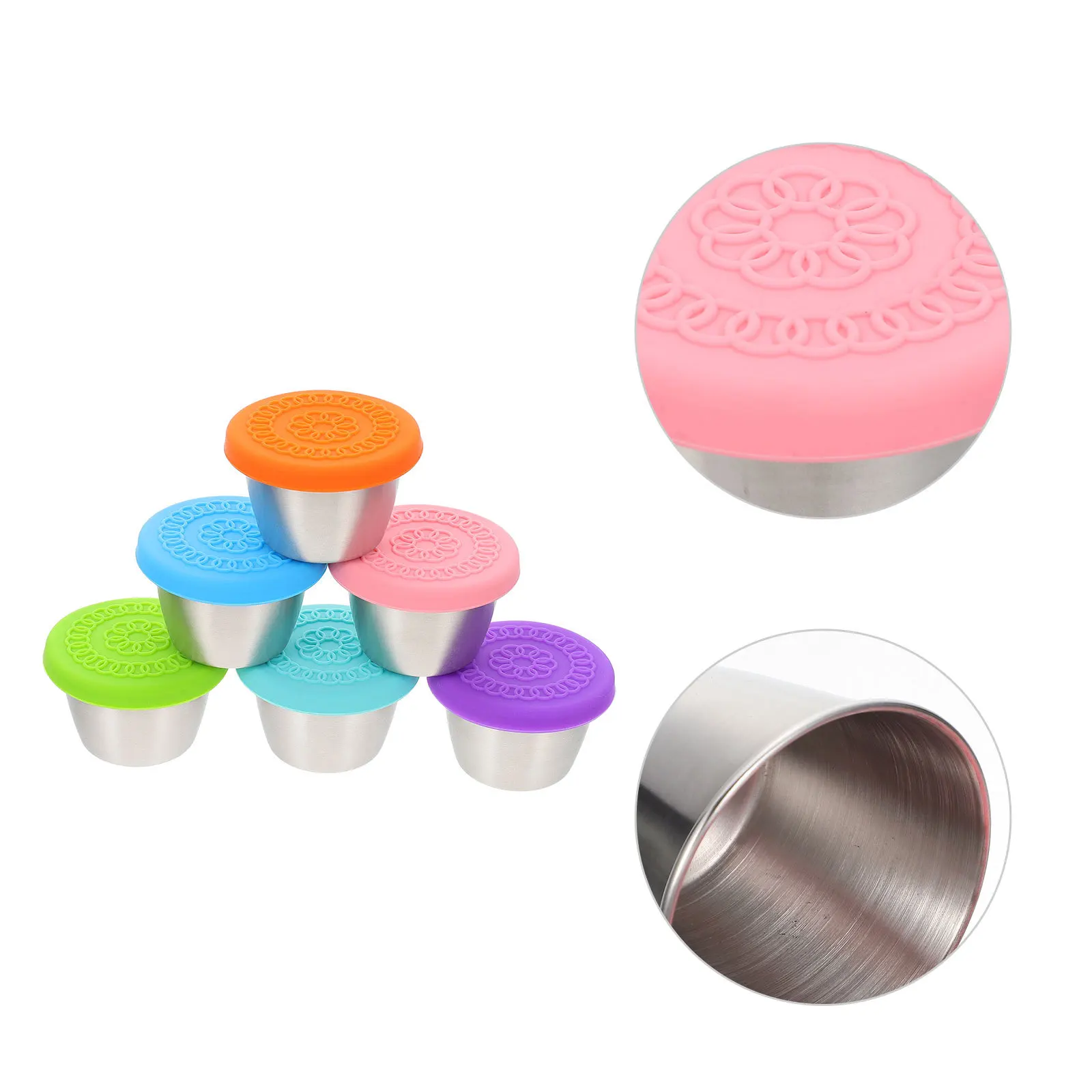 

6pcs Stainless Steel Sauce Cups With Covers Leakproof Dustproof For Kitchen Picnic Bbq Restaurant Condiment Containers Household