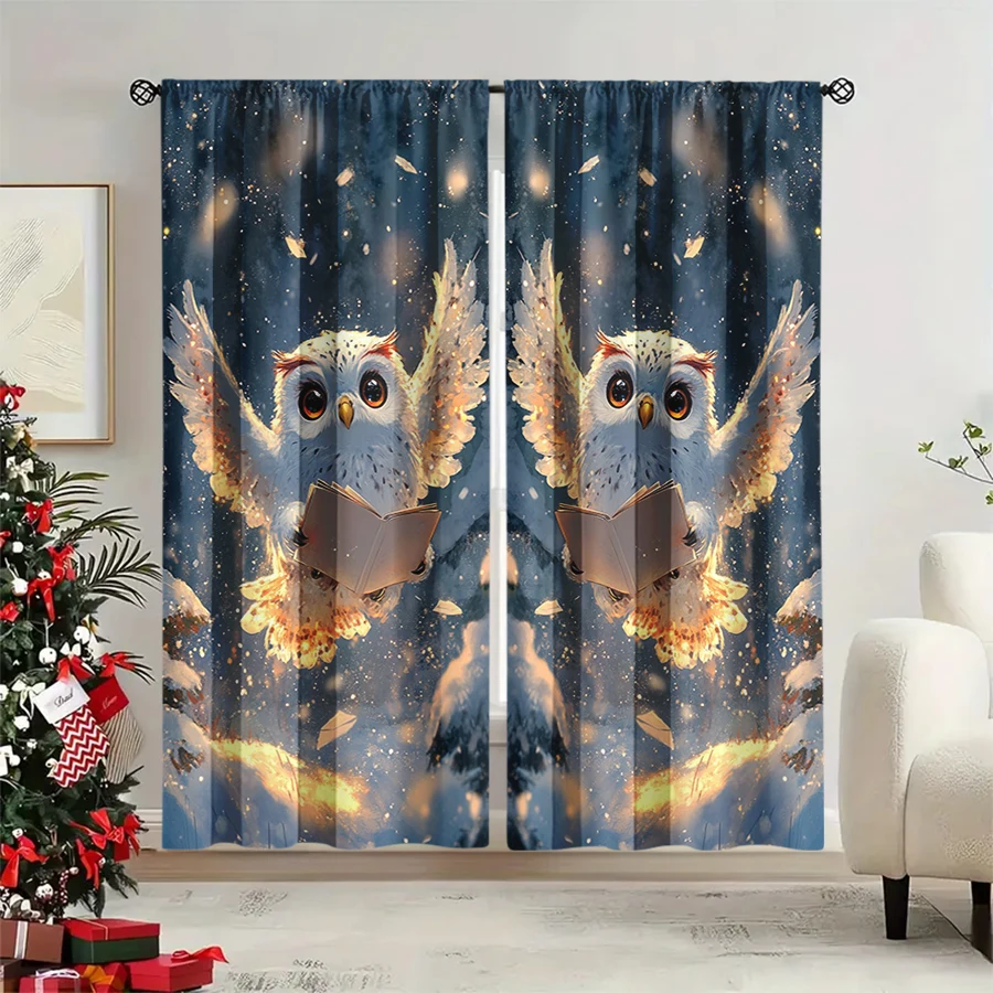 2PCS Christmas Winter Curtains, Owl Reading Book Golden Feather Snowy Night, Digital Print, Bedroom Living Room, Home Decor