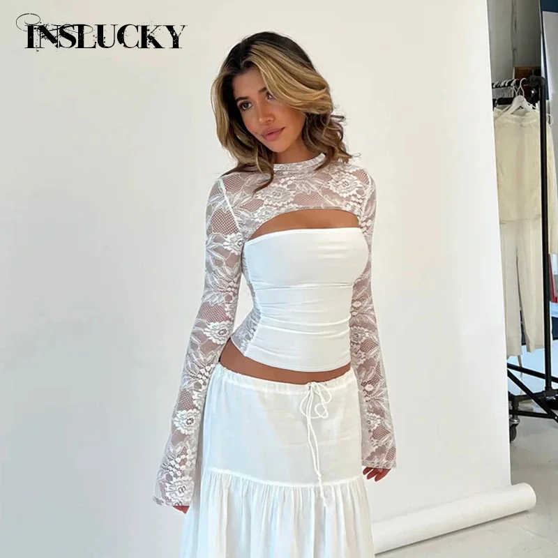 InsLucky Fashion Sexy Hot Girl Splicing Lace Hollow Backless Long-Sleeve Top For Women O Neck Slim Cropped Tops Office Lady Tees