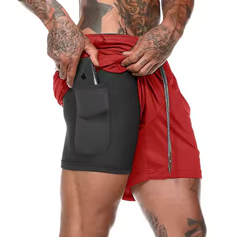Men's Double Layer Fitness Shorts Men Fitness Gym Training 2 in 1 Sports Shorts Quick Dry Workout Jogging Double Deck Summer