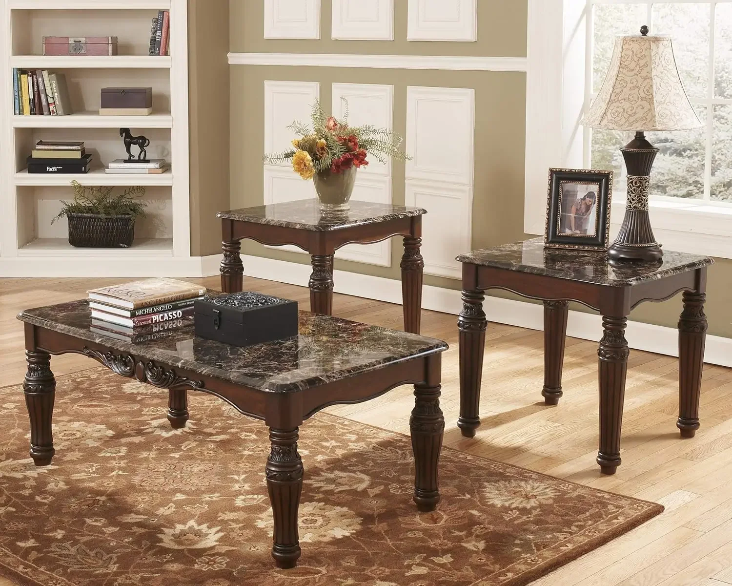 Signature Design by Ashley North Shore Traditional Faux Marble 3-Piece Table Set, Includes Coffee Table and 2 End Tables, Dark B