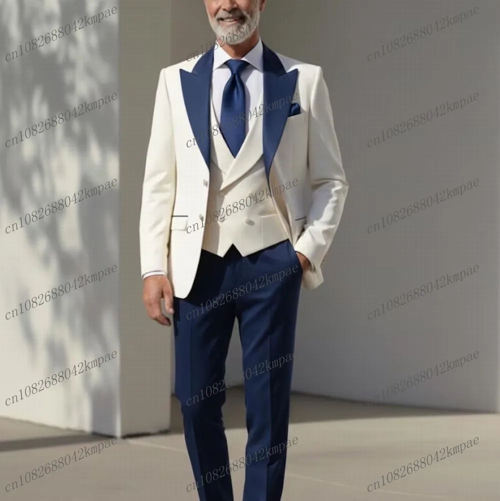 

New White And Navy Blue Formal Men Suit Groom Groomsman Wedding Party Prom Business Male Tuxedos 3 Piece Set Blazer Vest Pants