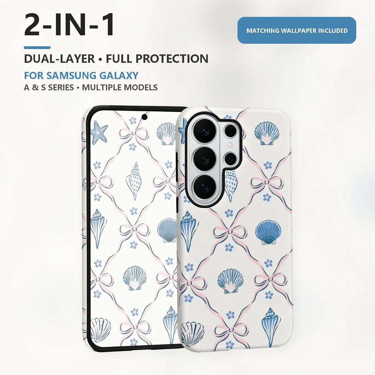 Blue Seashells And Bows 2-in-1 Dual-Layer Phone Case for Samsung Galaxy S26 S25 S24 Plus Ultra FE S20 FE A56 A17 A16 A15