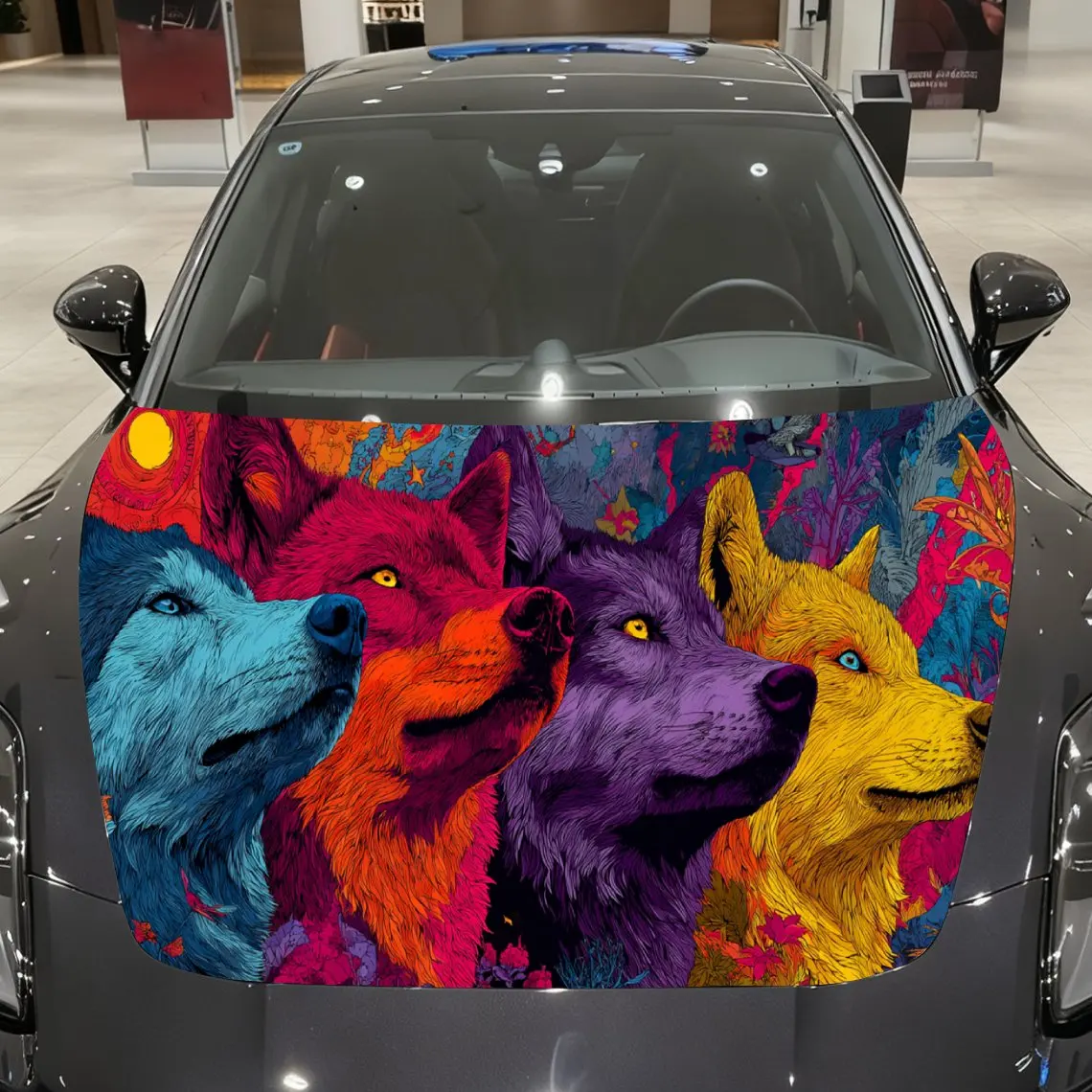 Vibrant Rainbow Wolf Pack and Landscape Car Cover Sticker, Auto Hood Decal, Car Exterior Scratch Resistant Decal, Trendy Gift fo