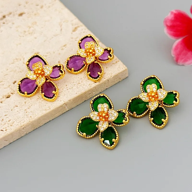 

Trendy Retro Palace Style Violet Green Flower Cubic Zircon Earrings Female Personality Light Luxury Classic Temperament Jewelry