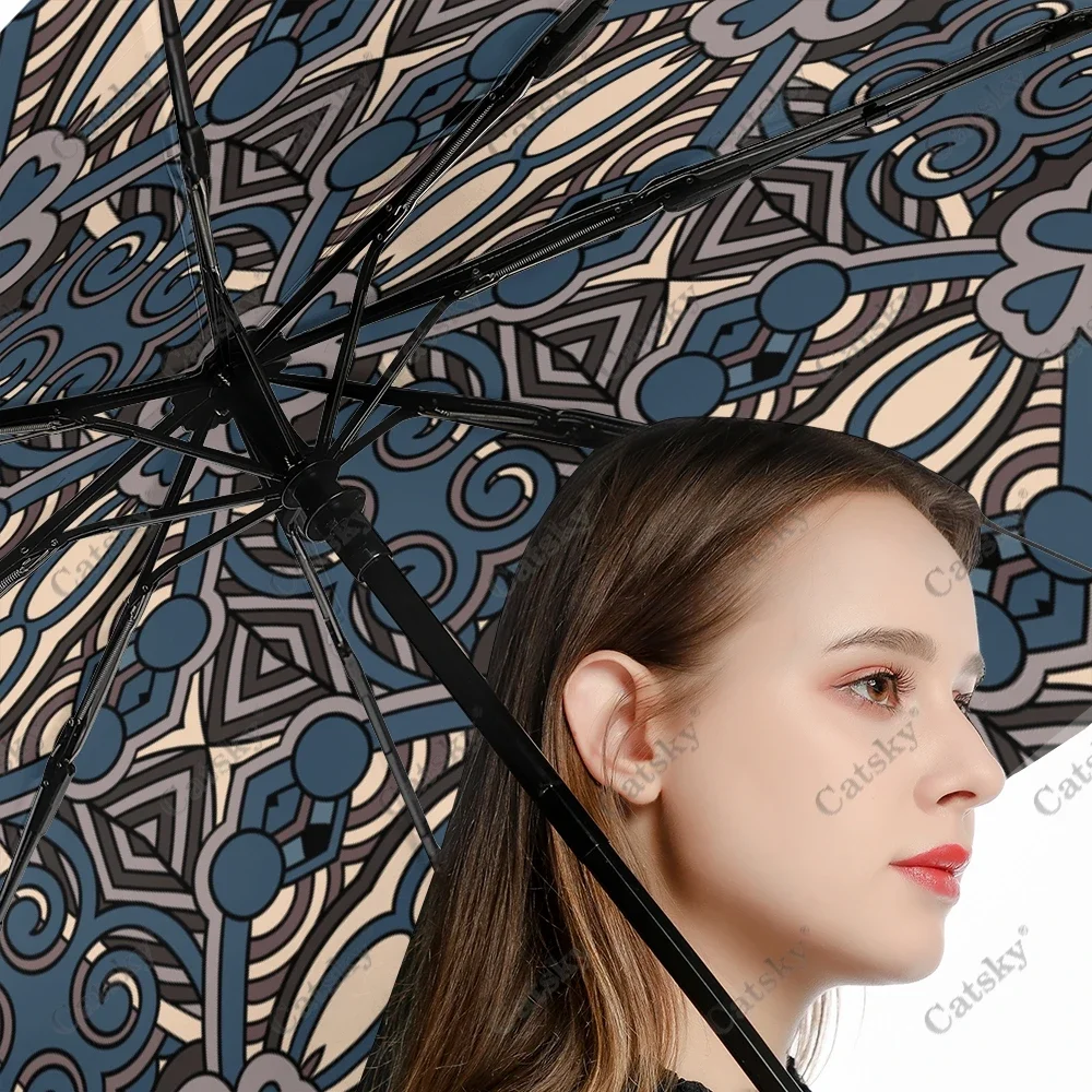 Ethnic Oriental Pattern Umbrella Rain Women 3-Folding Fully Automatic Umbrellas Sun-Protection Outdoor Travel Tool Parapluie