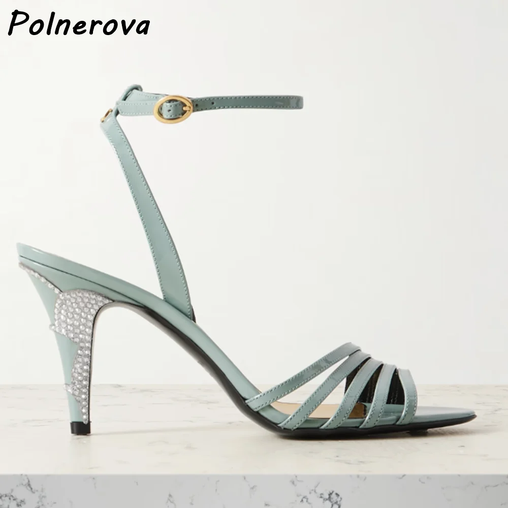 Gold Silvery Rhinestone Heels Sandals Straight Strap Narrow Band Round Toe Crystal Bling Shoes Summer Fashion Mixed Color Shoes view 5