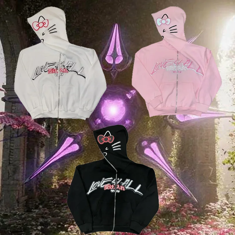 Y2K ジップアップ原宿印刷ラインストーンパターンかわいい特大パーカーカジュアル男性女性トレーナーファッションカジュアルストリート