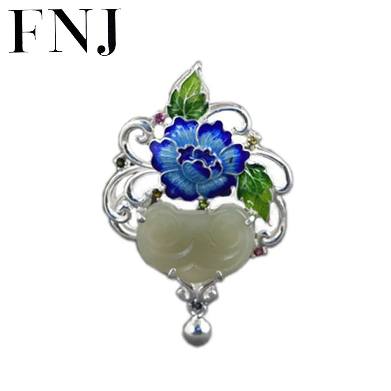 

FNJ enameling Flower Pendant 925 Silver Original Pure S925 Sterling Silver Pendants for Jewelry Making Natural Hetian Jade Women