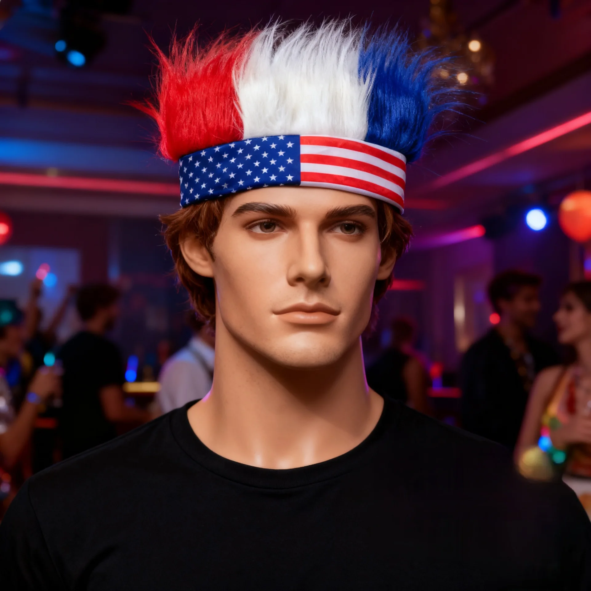 Red White Blue Fluffy Wig Headband American Flag Theme Party Hat for Independence Day Sports Game Carnival Costume Accessory