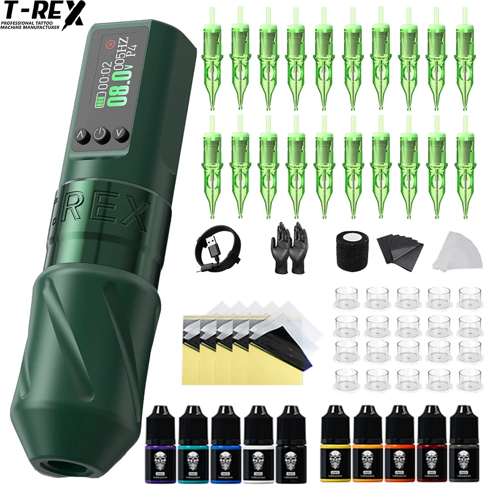T‑Rex V1s Wireless Rotary Tattoo Pen Kit 1600mAh Battery Dot‑Work Function Complete Tattoo Starter Supplies Set