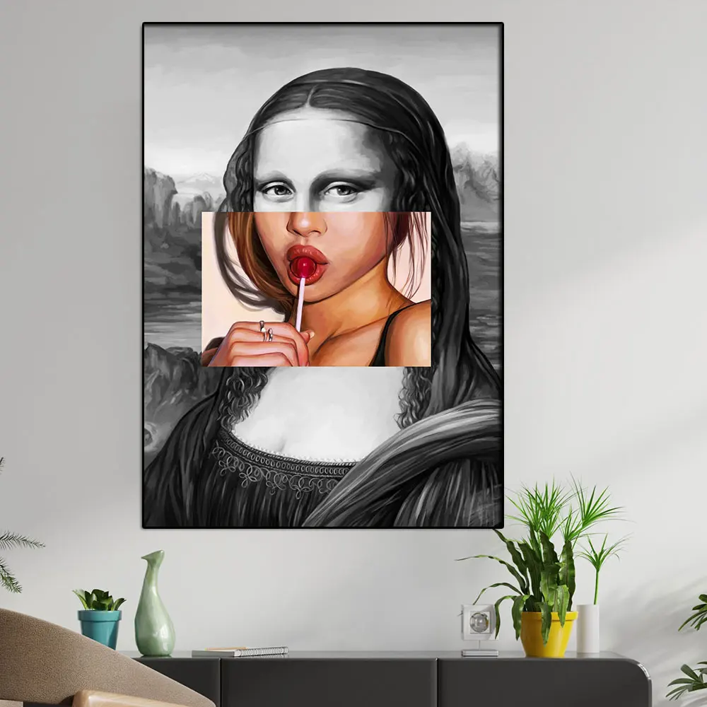 Mona Lisa With Sexy Girls Print Creative Famous Canvas Painting Woman Eat Lollipop Posters Wall Art For Room Home Cuadros Decor