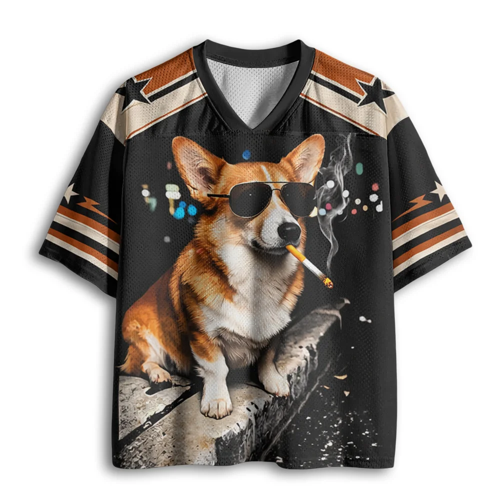 Cool Corgi Dog Graphic Mesh Jersey, Sunglasses Puppy Print V Neck Short Sleeve Casual Sports Party Top