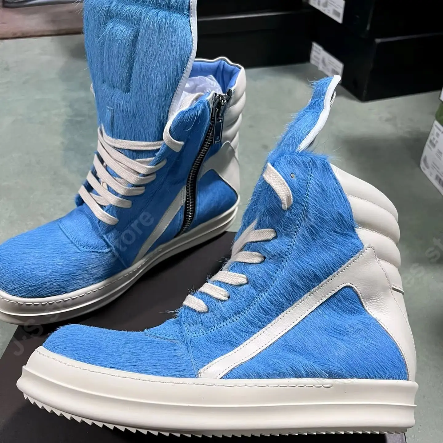 Ricks Klassiek Ontwerp Mannen Owens schoen Paardenhaar Vrouwen Hoge Top Sneaker Blauw Paardenhaar Met Wit Leer Buiten Rits Platte Schoen