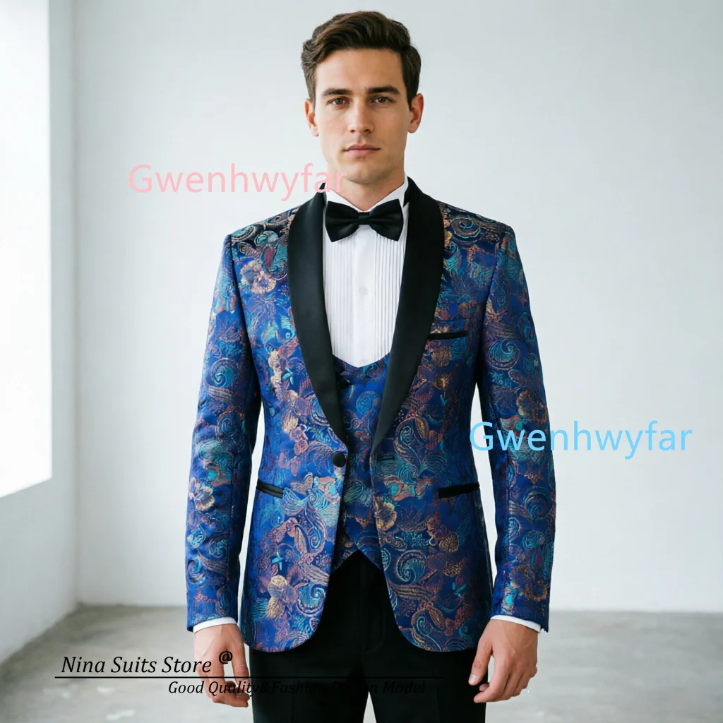 G&N Customized Colorful Butterfly Flower Pattern Embroidered Satin Suit 3-Piece Set with Embossed Jacket And Vest Black Pants