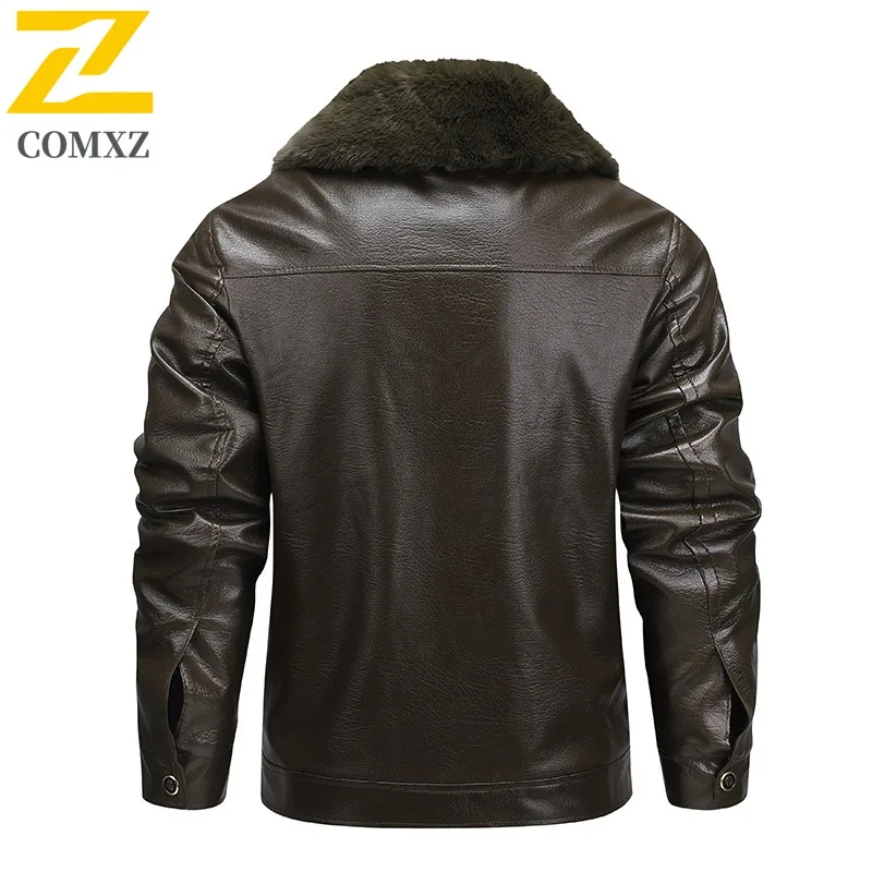 COMXZ 2025 Mens Winter Leather Jacket Fleece Lined Thick Warm Windproof Waterproof Fur Collar Business Coat for Middle Aged Men