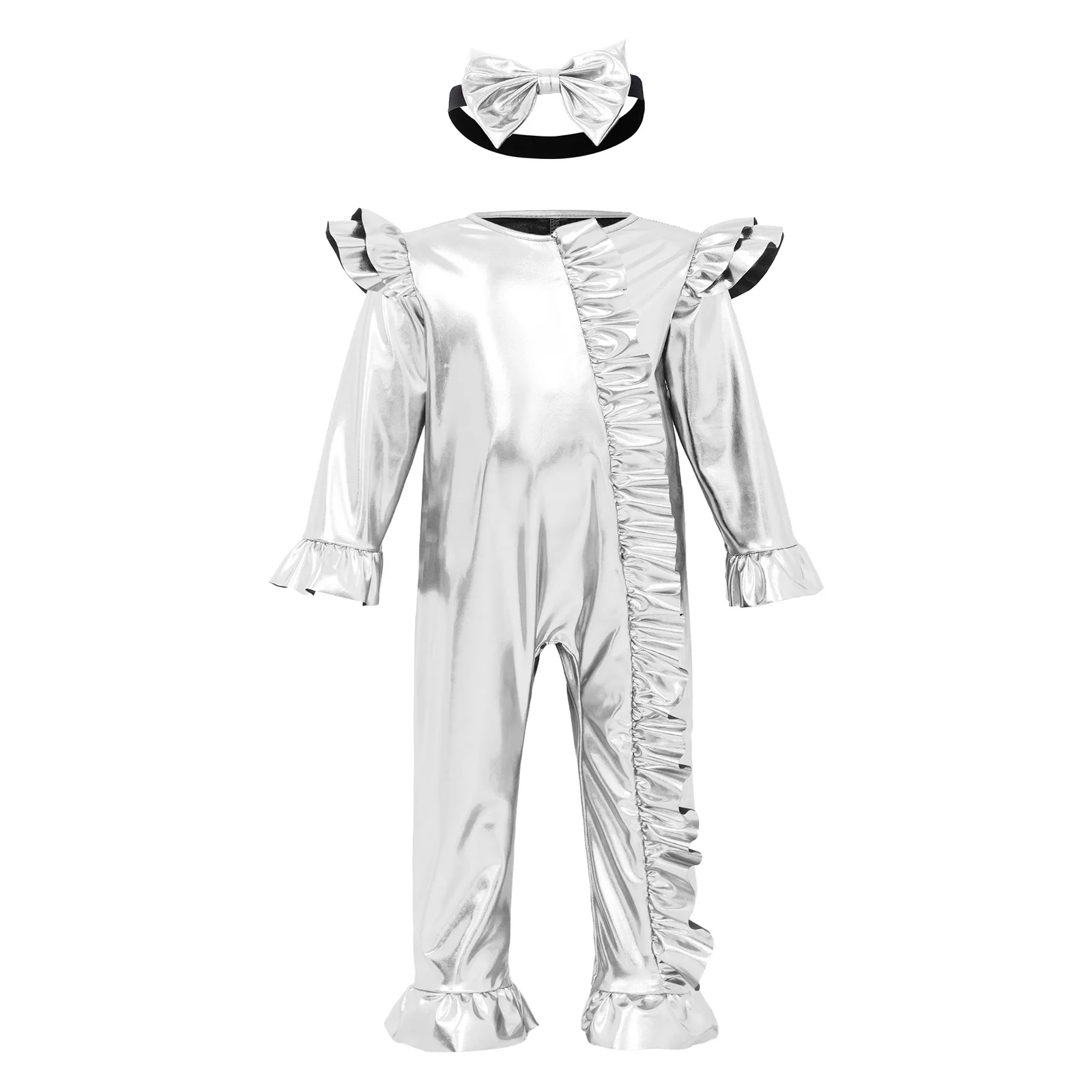 

Baby Girls Long Sleeve Zipper Metallic Shiny Ruffles Romper Jumpsuit Birthday Disco Theme Party Carnival Romper with Headband