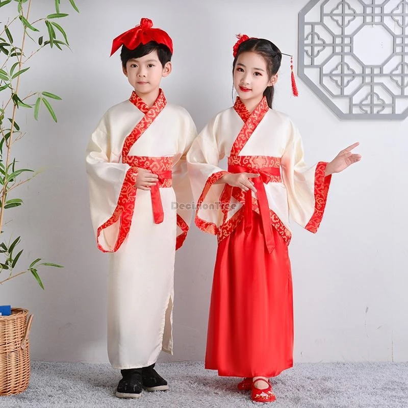 

2024 children's chinese traditional style ancient cross collar big sleeve daily hanfu costume boys and girls perform hanfu w551