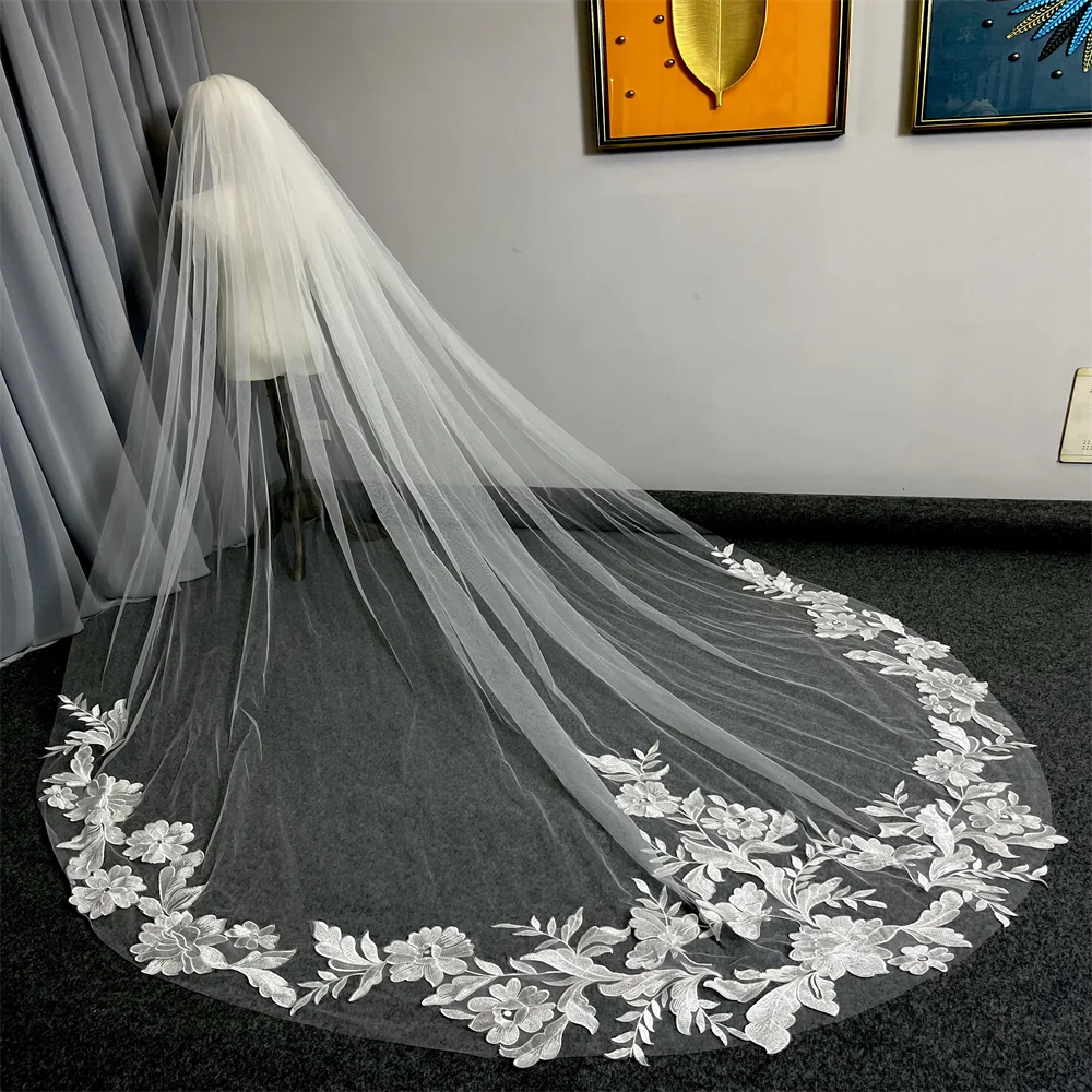 1 Layer 3-Meter Long Cathedral Wedding Veil with Comb Soft Tulle Lace Edge White Ivory Bridal Veil for Brides