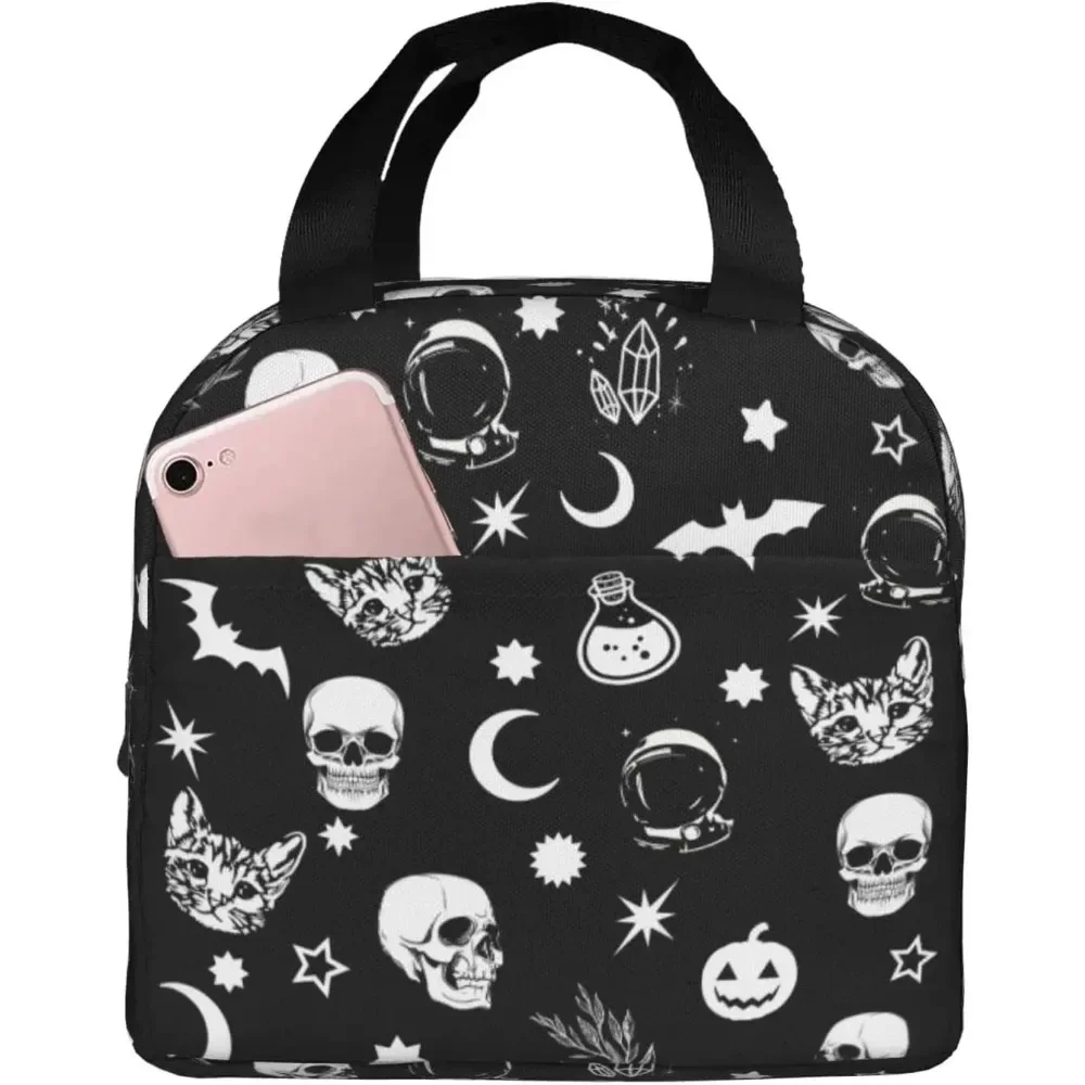 Black Goth Skull Moon Star Lunch Box for Kids Boys Girls Teen Insulated Lunch Bag Waterproof Reusable Lunch Tote School Office view 2