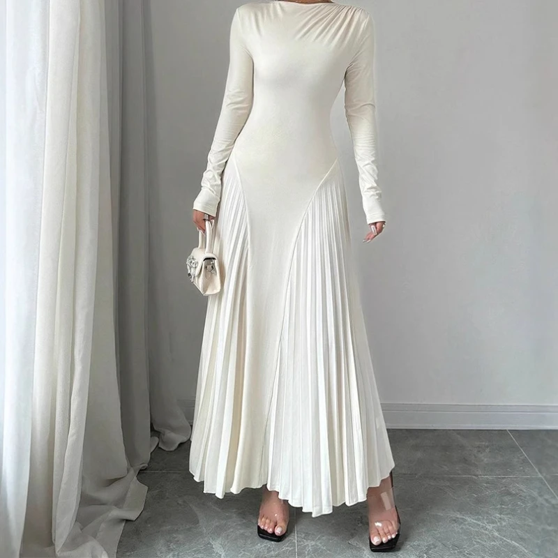 

Элегантное женское длинное плиссированное платье с круглым вырезом, осень-зима, трикотажные платья макси с длинными рукавами, вечерние платья