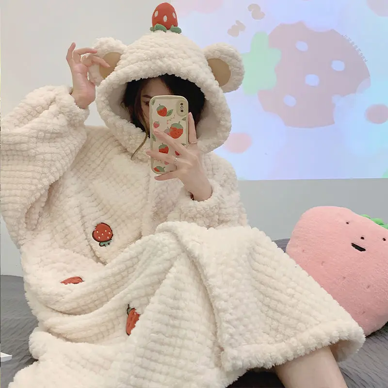 Winter New Women\'s Hooded Robe With Pant Thicken Flannel Warm Home Clothes Long Sleep Dress Cute Bear Design Fluffy Pyjamas Set