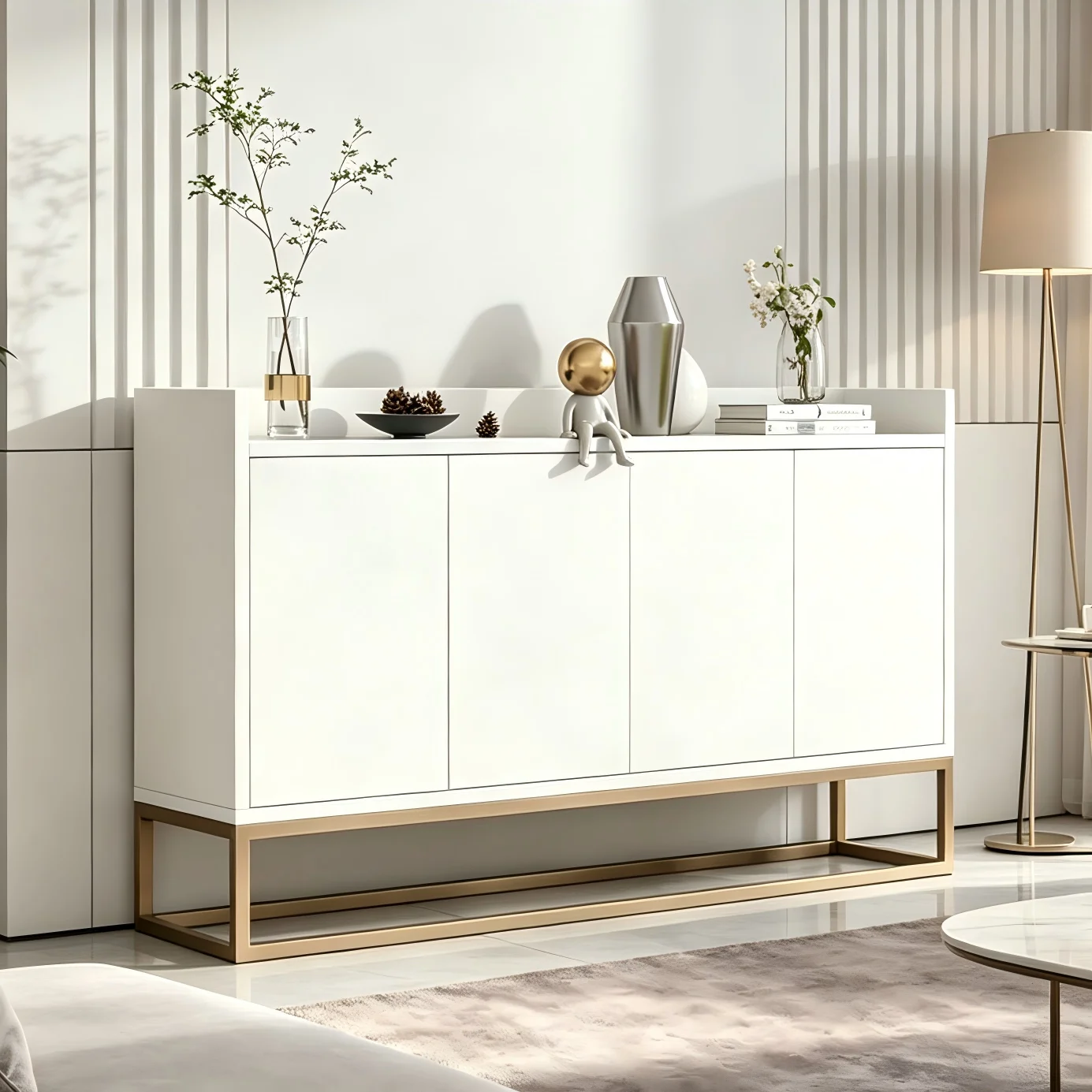 Image of Rosahqnda Sideboard mit 4 Türen, Küchenschrank 120 cm, Buffetschrank für Wohnzimmer, Esszimmer, Küche, Weiß/Schwarz