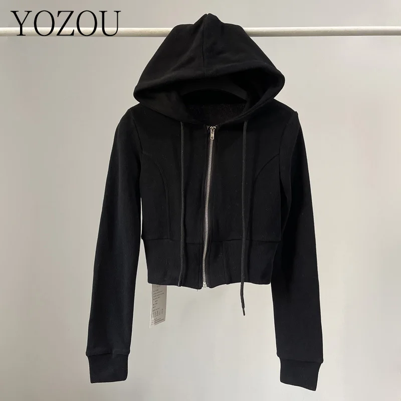 [YOZOU] Cotton Black White Slim Cropped Hooded Zip Up Hoodies Jackets Zipper Coat Green Blue Tops Outwear Sports Women Girls