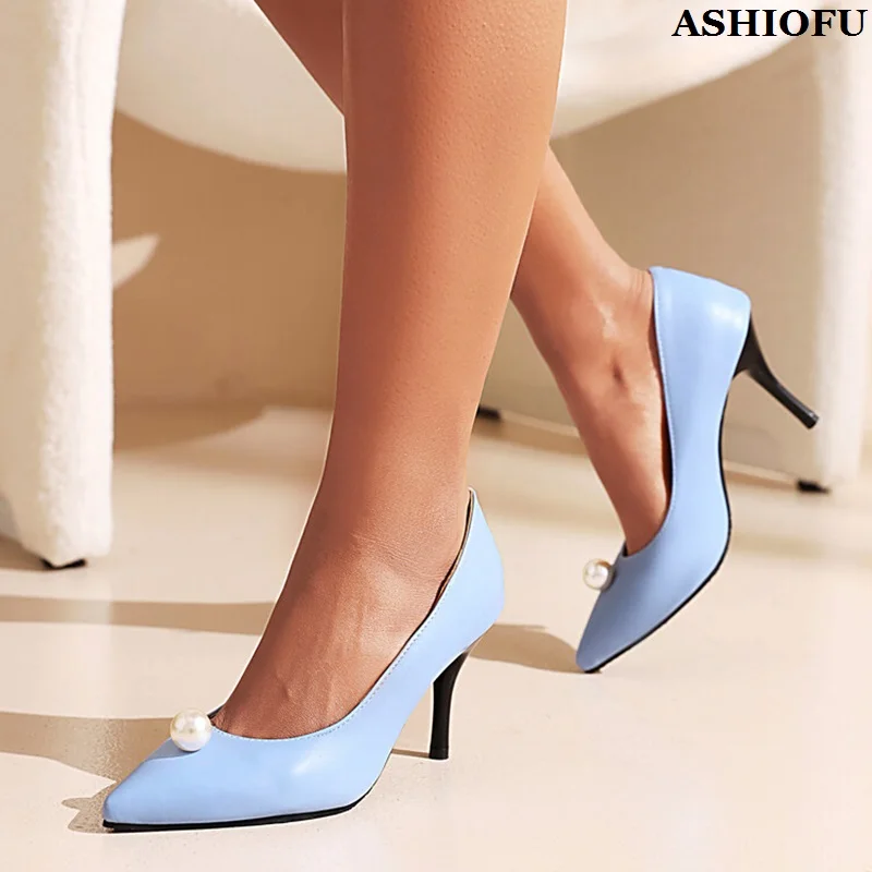 

ASHIOFU Handmade New Simple Style Ladies 8cm High Heels Pumps Six-colors Pointed-toe Summer Slip-on Evening Fashion Party Shoes