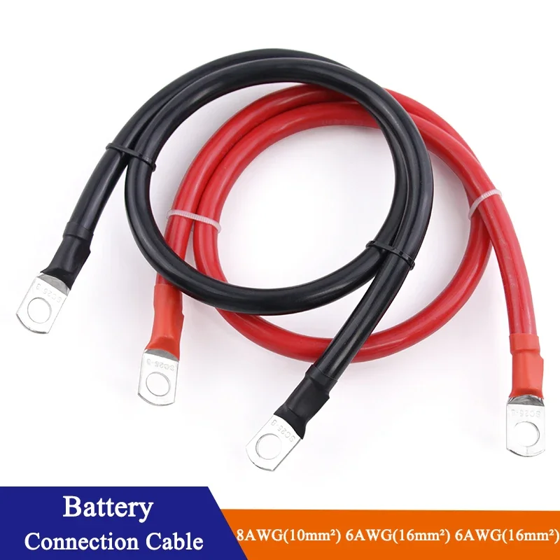 Battery Inverter Connection Cable Set with M8 SC Terminals 8/6/4/2 AWG 10/16/25mm² UPS Wire Red Copper Core Tin-plated Lug