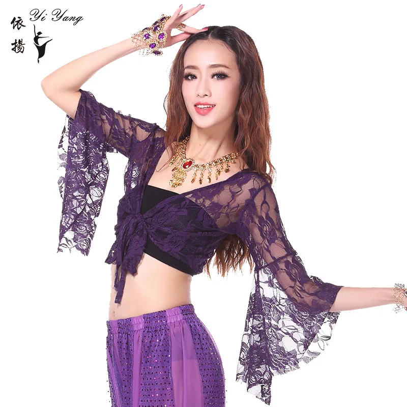 New Belly Dance Top Flared Sleeve Practice Shawl Lace Up Lace Long Sleeve