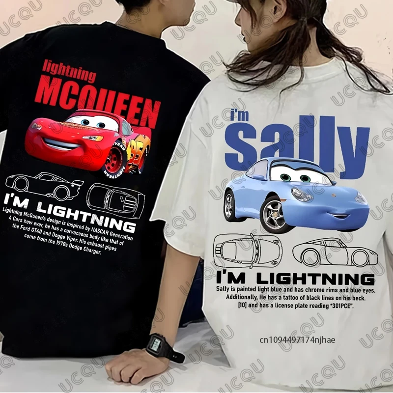 Camiseta con estampado de relámpago Mcqueen y Sally para parejas, camisetas informales de manga corta de algodón de verano para mujeres y hombres Sally y Mcqueen