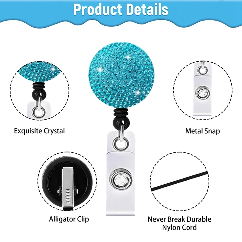 Carretes de insignia ID/Nombre con clip, con diamantes de imitación brillantes, para trabajadores de oficina, profesores y enfermeras