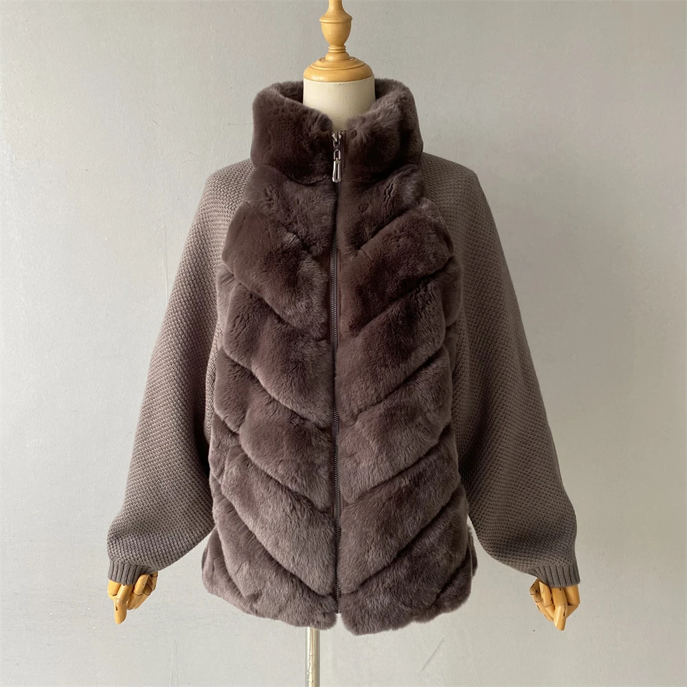 معطف نسائي من الفرو الحقيقي من Jxwatcher بأكمام محبوكة سترة من فراء الأرانب الطبيعي 2025 تصميم جديد لشتاء معاطف فرو دافئة للسيدات
