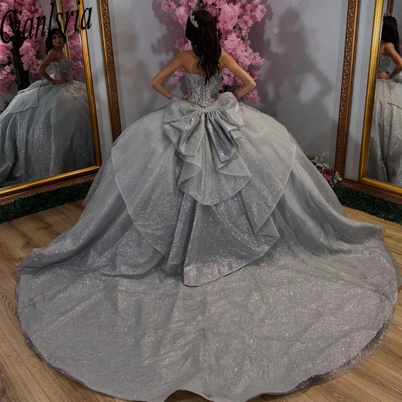 Gray Ball Gown Quinceeera Dresses 15 Years Applique Beaded Formal Princess Birthday Party Gowns Custom