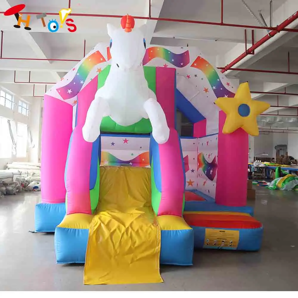 Snelle verzending 4,5x4m opblaasbare glijbaan uitsmijter paard cartoon mooie lucht springkasteel combo met luchtblazer
