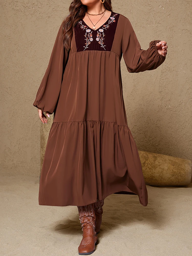 

Новое женское платье больших размеров в стиле ретро с цветочным принтом и v-образным вырезом, свободное платье с рукавами-фонариками и рюшами по подолу, элегантное праздничное платье