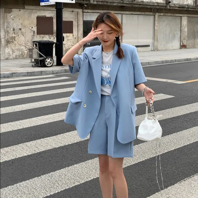 Women\'s Summer Blazers Set 2024 New Fashion Loose Thin Suit Coat Shorts Two Piece Korean Elegant Casual Pants Matching Sets