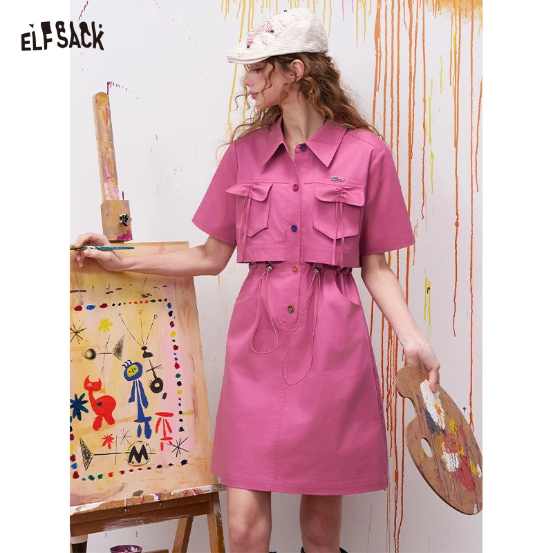 

ELFSACK Women's Fuchsia Pink Dress with Two-Piece Design, Summer Midi Dress with Bow Pockets and Colorful Buttons