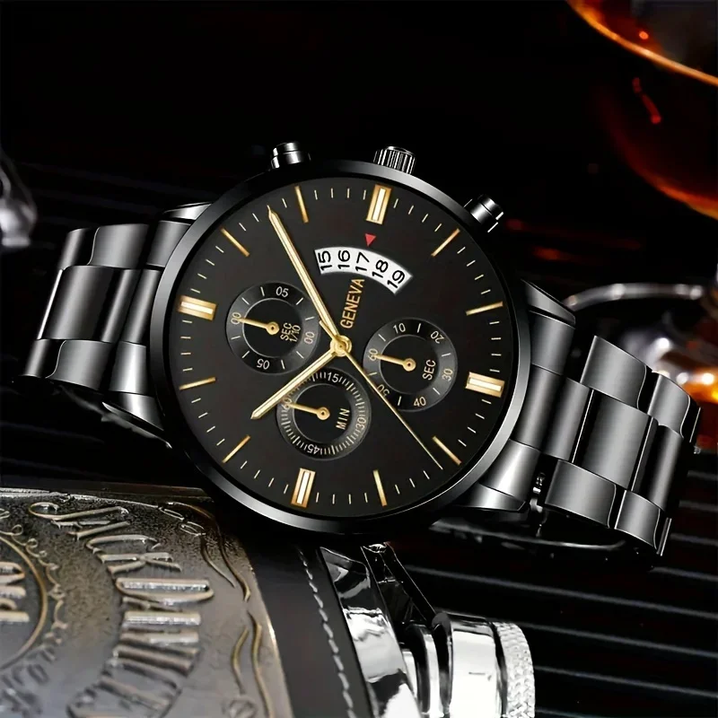 Durable Stainless Steel Mens Quartz Watch - Fashionable Casual Style  Matching Bracelet Set PreciseTimekeeping for the Stylish