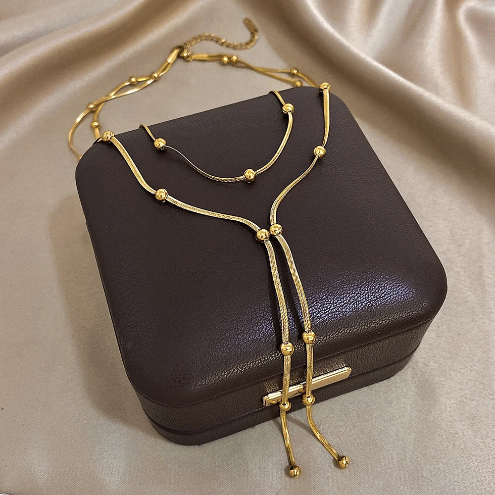 Fashion Beaded Stainless Steel Necklace for Women Minimalist Gold Color Double Layer Long Pendant Necklaces Party Jewelry view 3