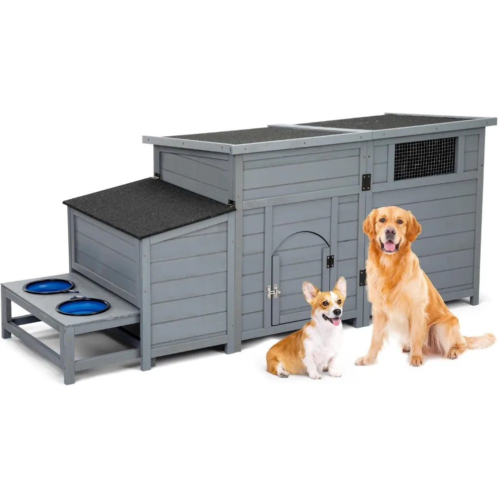 

Dog House Outdoor 59" Wood Warm Pets Home with Slow Food Bowl, Extra Waterproof Durable Dog Kennel with Wooden Floor for