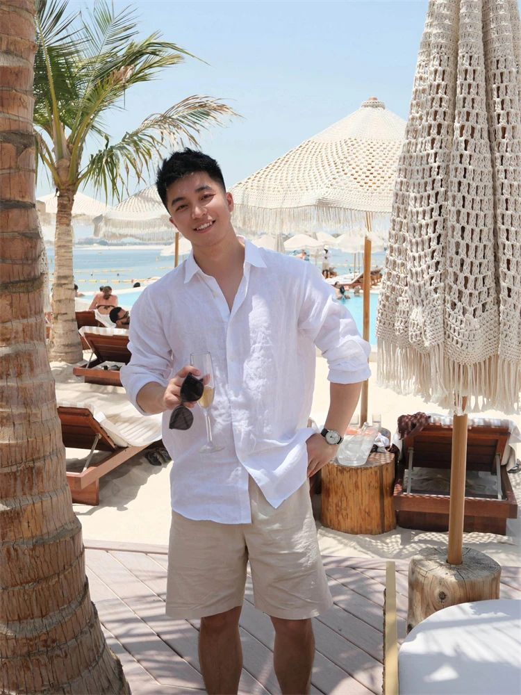 

High-End White Linen Long Sve Men's irt Summer New Loose Sun Protection Outerwear Ci Walk Breathable CleanFit Sle