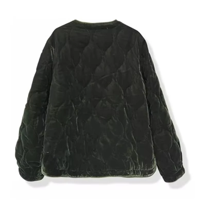 Chaqueta de algodón Retro con cuello redondo para mujer, abrigo informal de terciopelo verde con bolsillo, ropa holgada y cálida de manga larga para invierno, versátil