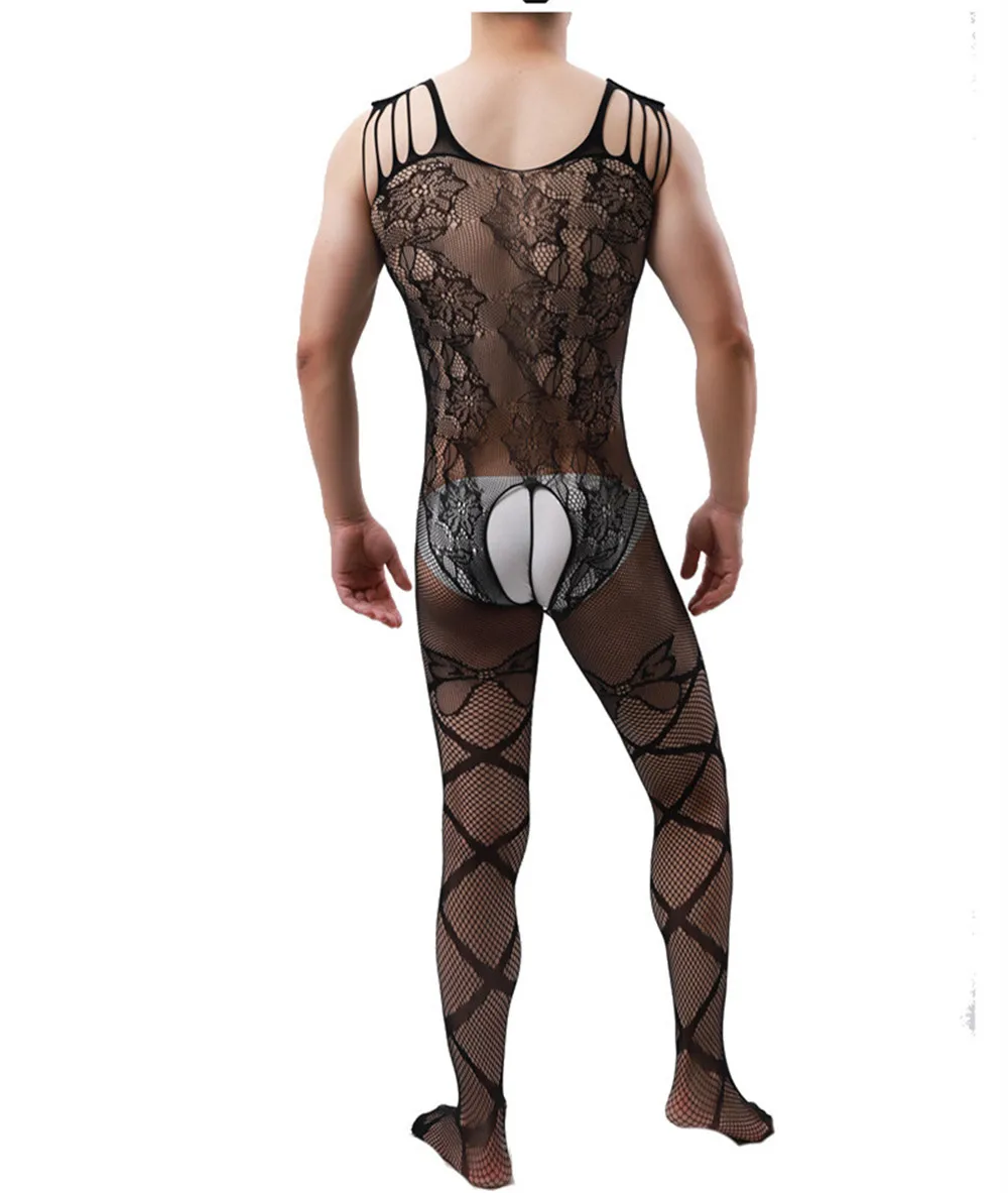 Sexy High Elastic Hollow out Floral Pattern One-Piece Men's Bodysuit Tight Sleepwear Comfortable Menswear Underwear view 3