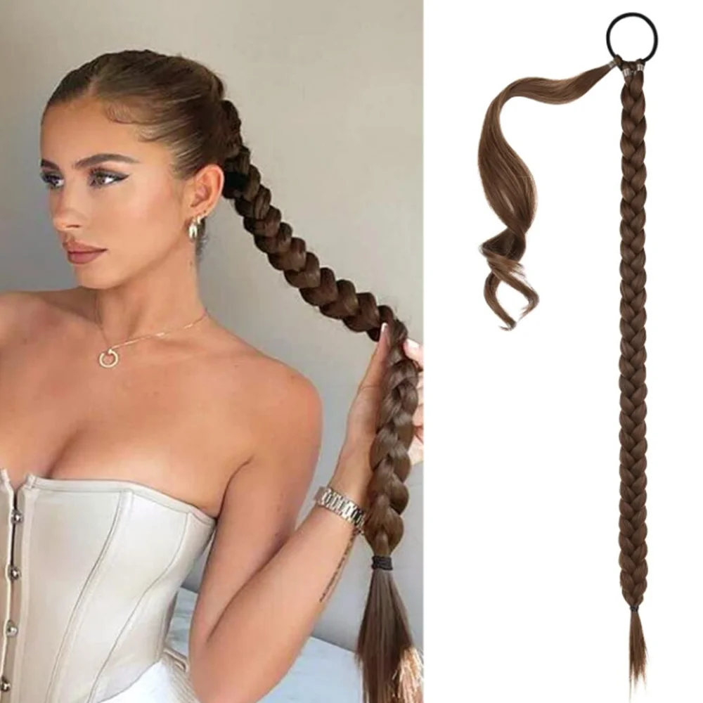 Long Braid Ponytail Extension with Elastic Tie Straight Wrap Around Braid Hair Extensions Natural Synthetic Hairpiece 30 Inch